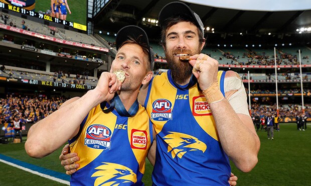 AFL 2018 Toyota AFL Grand Final - West Coast v Collingwood MELBOURNE, AUSTRALIA - SEPTEMBER 29: Mark LeCras of the Eagles (left) and Josh Kennedy of the Eagles celebrate during the 2018 Toyota AFL Grand Final match between the West Coast Eagles and the Collingwood Magpies at the Melbourne Cricket Ground on September 29, 2018 in Melbourne, Australia. (Photo by Michael Willson/AFL Media)